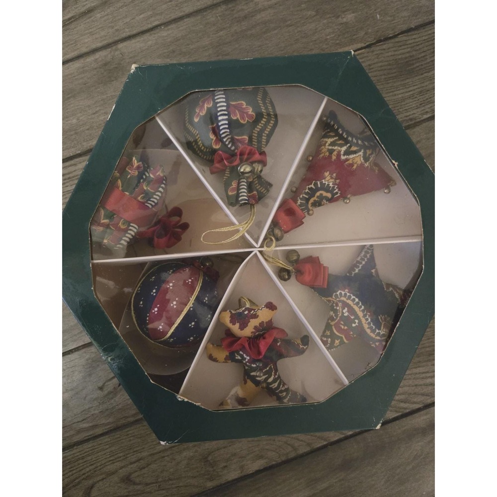 Set Of 6 Vintage Laura Ashley Fabric Christmas Ornaments Star, Bear, Tree Ball